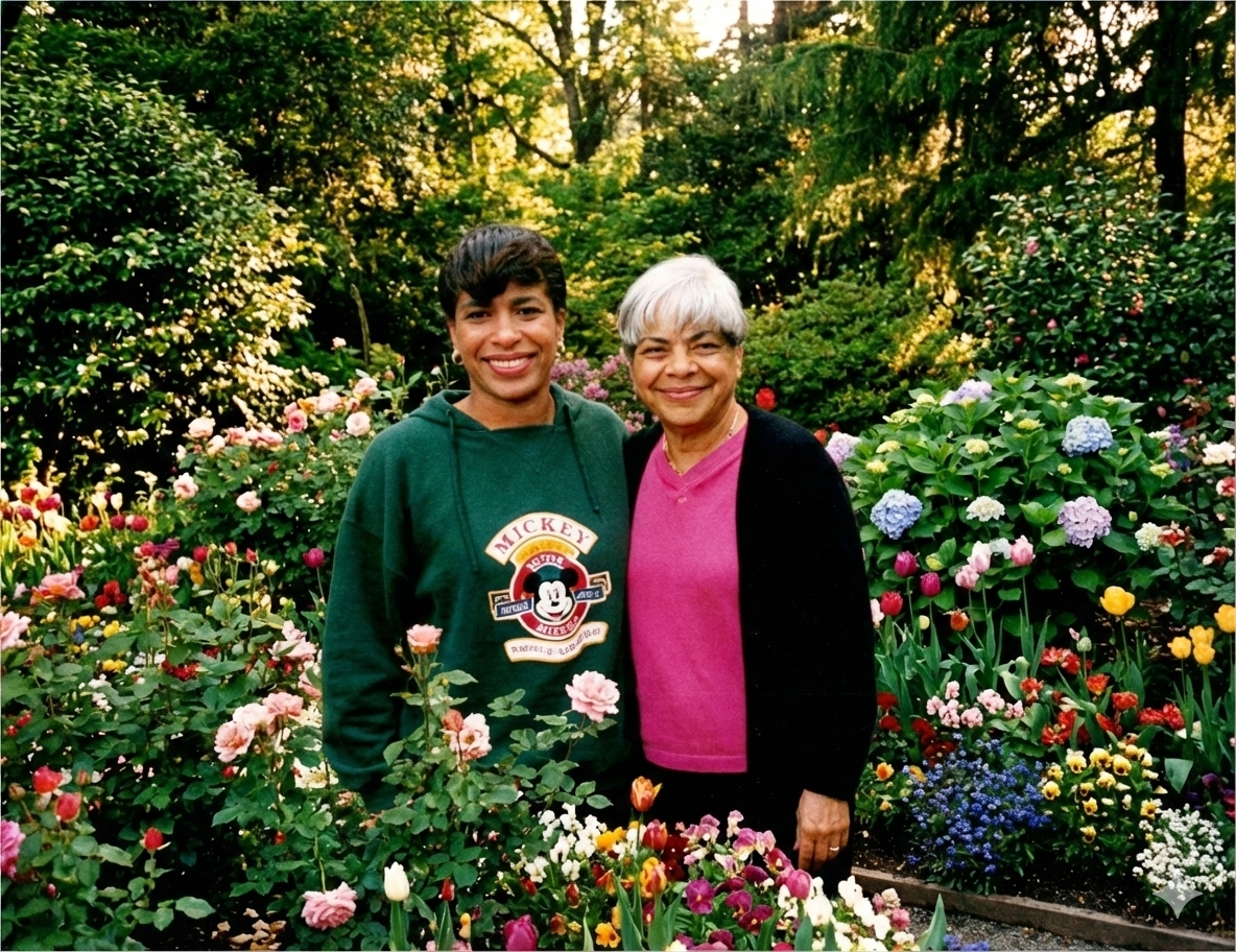 Minky and her mother in Palm Beach surrounded by flowers